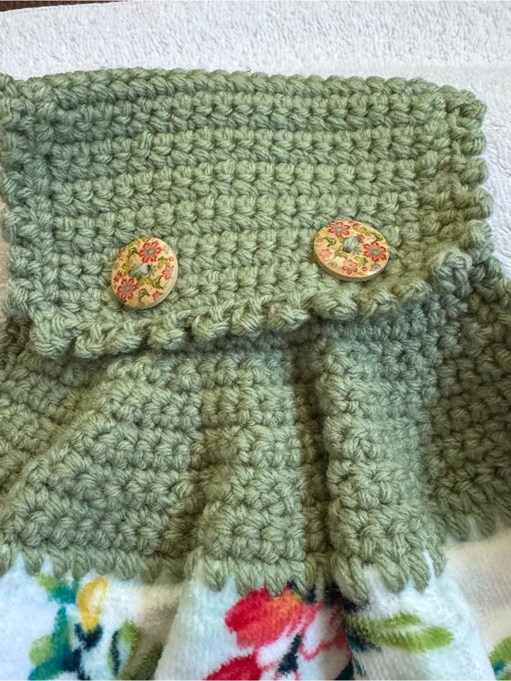 Pioneer Woman Floral Sage Green Crochet Hanging Kitchen Towel